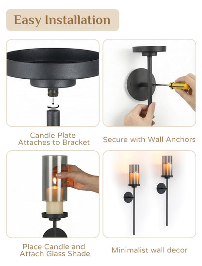 Walasis Black Wall Candle Holder Decor: 22 Inch Metal Long Candle Sconces with Smokey Grey Hurricane Modern Minimalist Decoration for Hallway Living Room Beside Fireplace TV