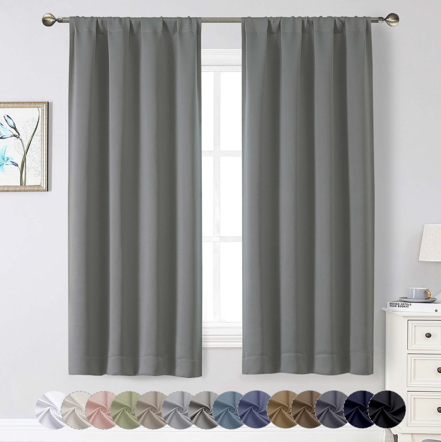 WelvetBLK Light Grey Blackout Curtains for Bedroom Living Room 63 Inch Length 2 Panels Set, Soft Solid Room Darkening Thermal Insulated Window Treatments, Rod Pocket Dining Room Curtains, 40" Wx63 L