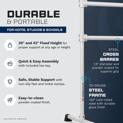 VITA Barre Portable Freestanding Double Ballet Barre, Extreme, 5 Ft Bars, Satin Silver, Steel | Fixed Height, Made in USA, Home or Gym Exercise Equipment for Kids & Adults | Dance, Fitness, Pilates
