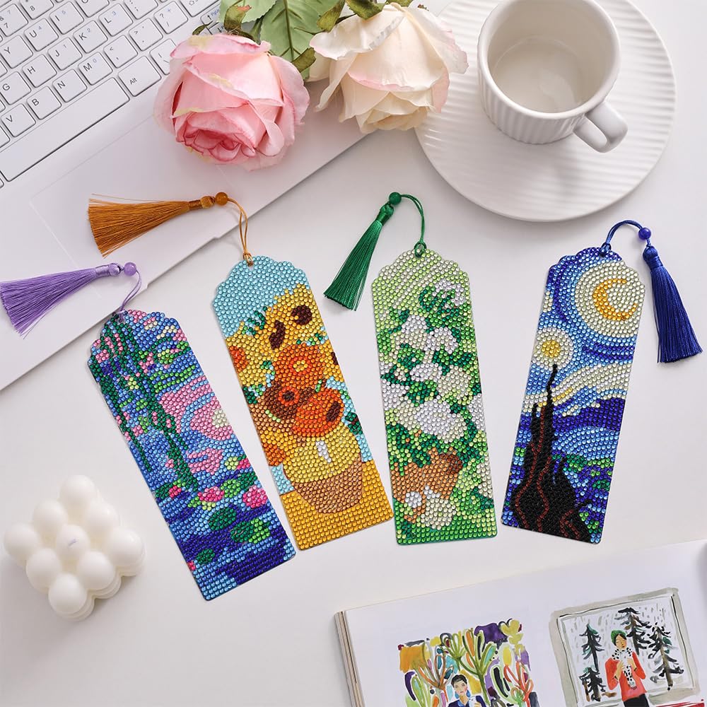icceemee 4 pcs Oil Painting Themes Diamond Painting Bookmarks, DIY Diamond Art Kits for Adults, Book Corner - Protecting Bookmark Craft Supplies Kits for Book Lovers