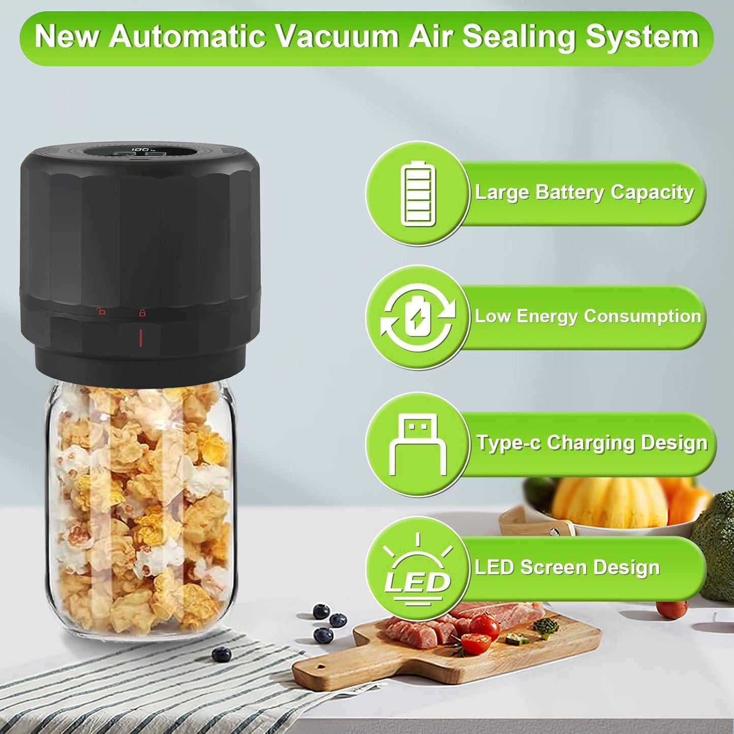 Electric Mason Jar Vacuum Sealer Kit with Wide Regular Mouth Mason Lids for Food Storage - Black