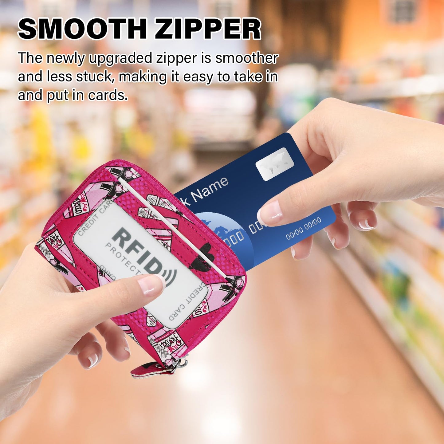 ZHOMA RFID Blocking Genuine Leather Credit Card Case Holder Security Travel Wallet With Removable Keychain ID Window for Men Women -Pink Bottles