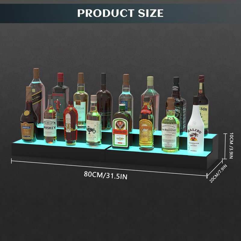 upcessory LED Lighted Liquor Bottle Display Shelf, 2 Tier 32 Inch Alcohol Whiskey Wood Rack Stand Tray for Home Bar Living Room Accessories and Decor, Bourbon Shelf for 16 Bottles