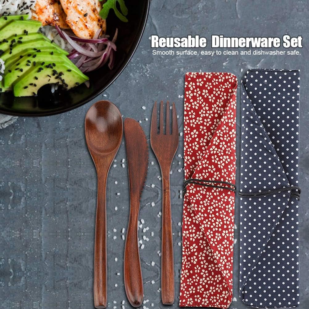 3Pcs Wooden Spoon Fork Knife Cutlery Set, Japanese Reusable Bamboo Cutlery Set