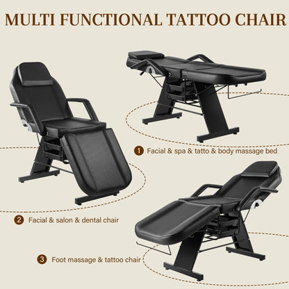 KIIUMI Tattoo Chair for Client, Esthetician Facial Bed with Hydraulic Stool, Lash Massage Table with 2-Tray, Multi-Purpose Black Lash Bed for Artist Spa Salon Beauty Equipment, Black