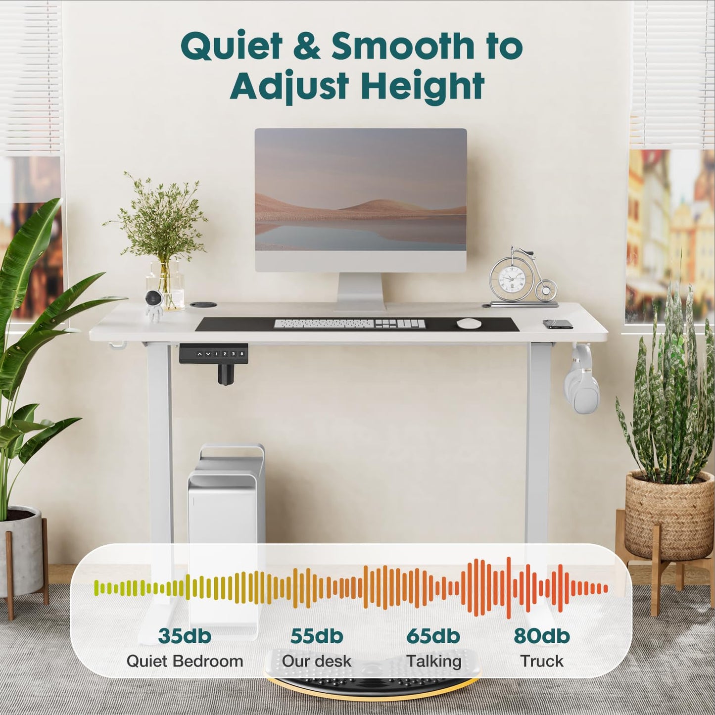 SMUG Standing Desk, Adjustable Height Electric Sit Stand Up Down Computer Table, 40x24 Inch Ergonomic Rising Modern Lift Motorized Gaming Desktop Workstation for Work Home Office, White