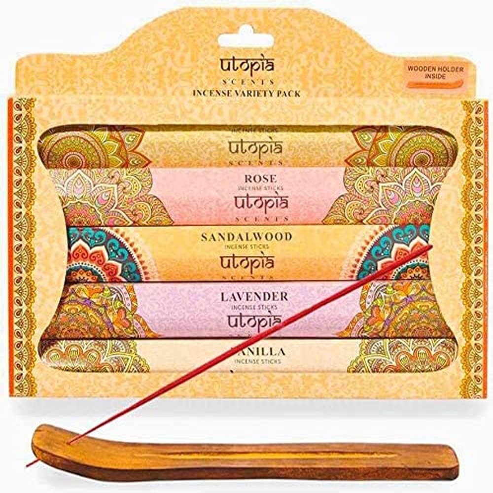 Premium Quality Incense Sticks Variety Gift Pack, 75 Sticks: Lavender, Sandalwood, Jasmine, Vanilla, Rose Aroma, Free
