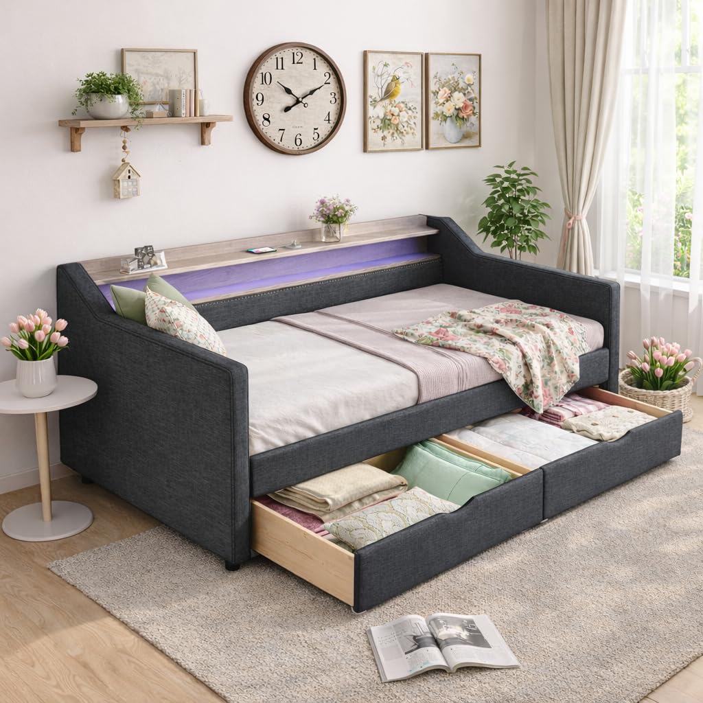 Ball & Cast Twin Size Daybed Frame with Storage Drawers and 2-Tier Shelf,Modern Linen Upholstered Sofa Bed w/Charging Station,Smart LED Light,Wood Slats Support,for Livingroom,Apartment,Dark Grey