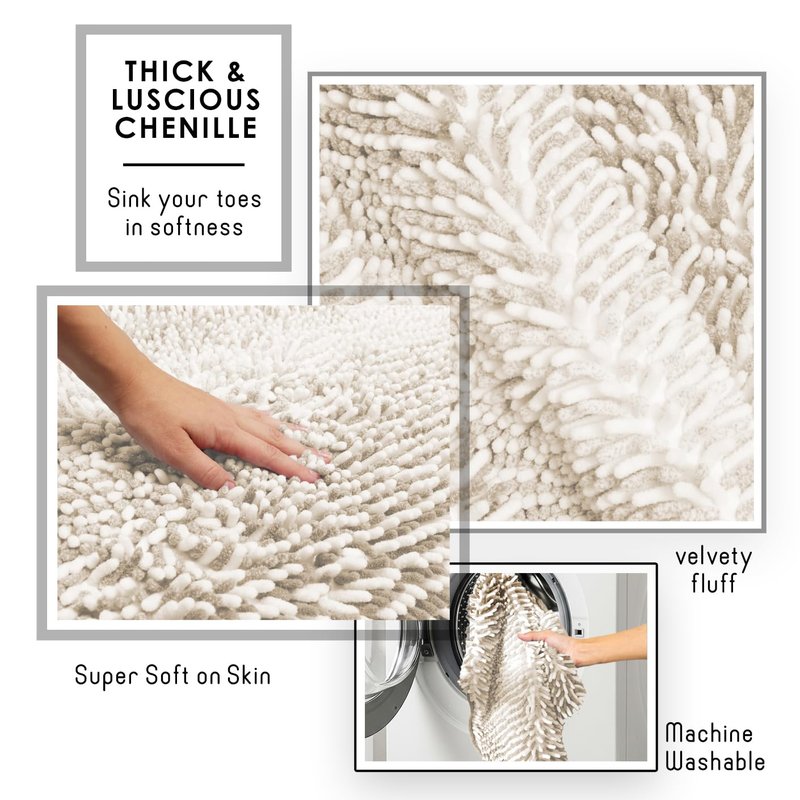 Hearth & Harbor Bathroom Rugs, Chenille Bath Mat - Machine Washable Bath Mats for Bathroom Non-Slip Backing Rubber, Quick Dry Bathroom Mat, 17 x 24 + 20 x 32 - Ombre Beige
