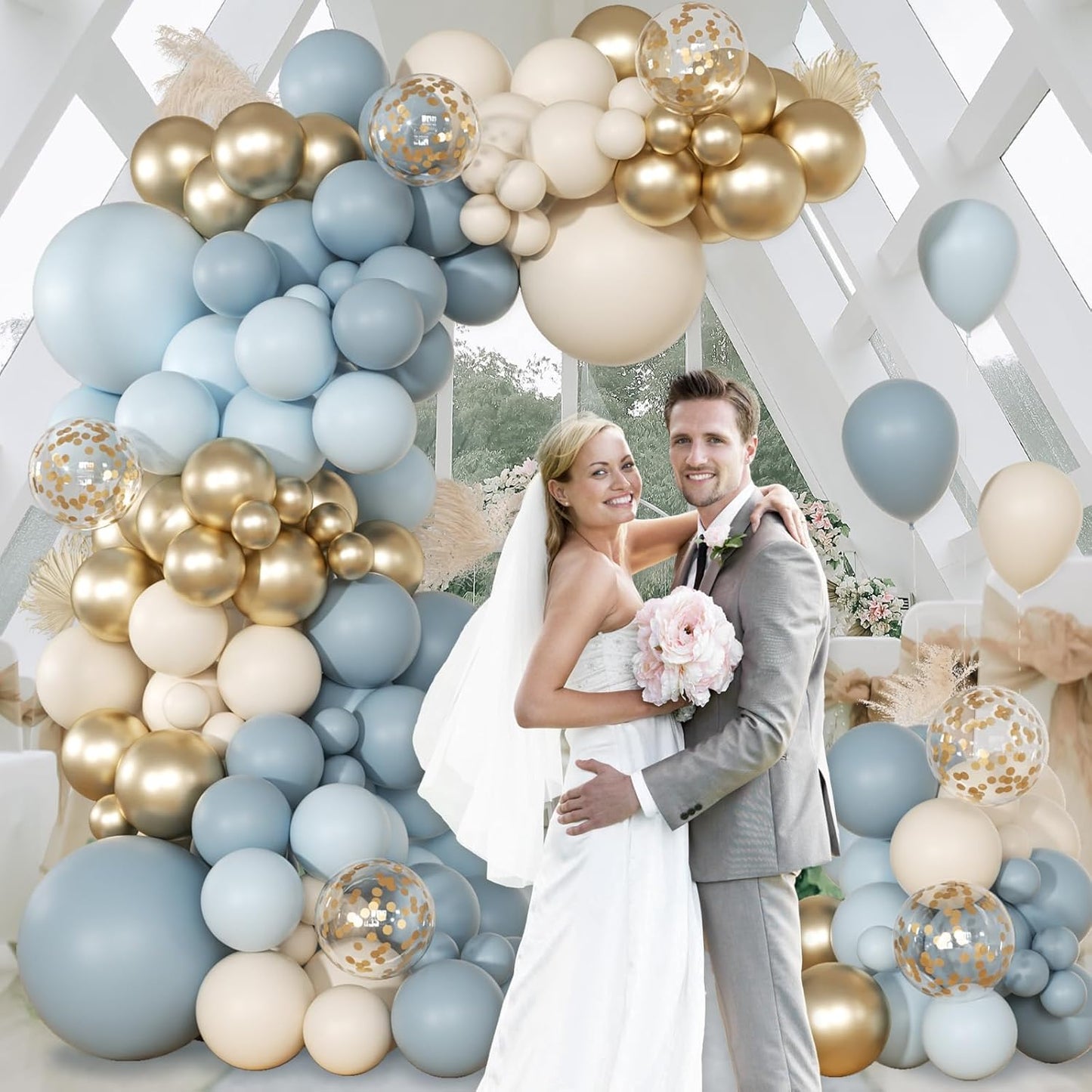 147pcs Dusty Blue Balloon Garland Arch Kit, Light Baby Blue Sand White Metallic Gold Confetti for Birthday Wedding