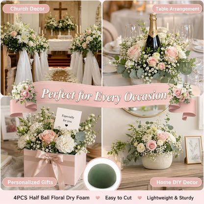 Hoypeyfiy 4Pcs 5.51 x 2.76 Inch Half Ball Floral Dry Foam, Green Round Foam Blocks for Artificial Flower Arrangement, DIY Craft, Wedding Birthday Centerpiece Decorations