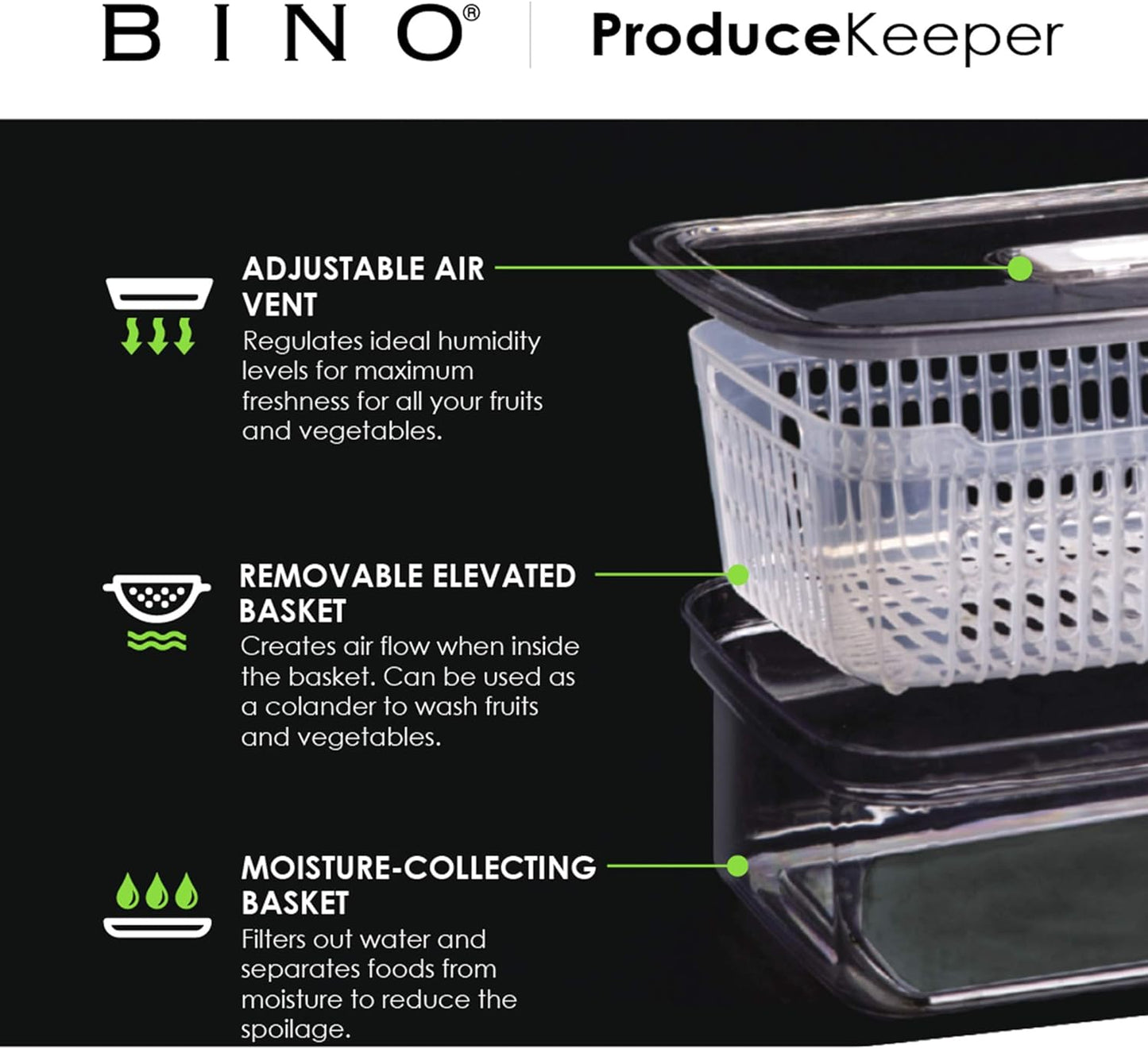 BINO Produce Saver - 6.8 Cup/1.6L Fridge Storage Containers for Fruits and Vegetables, BPA-Free with Adjustable Air Vent