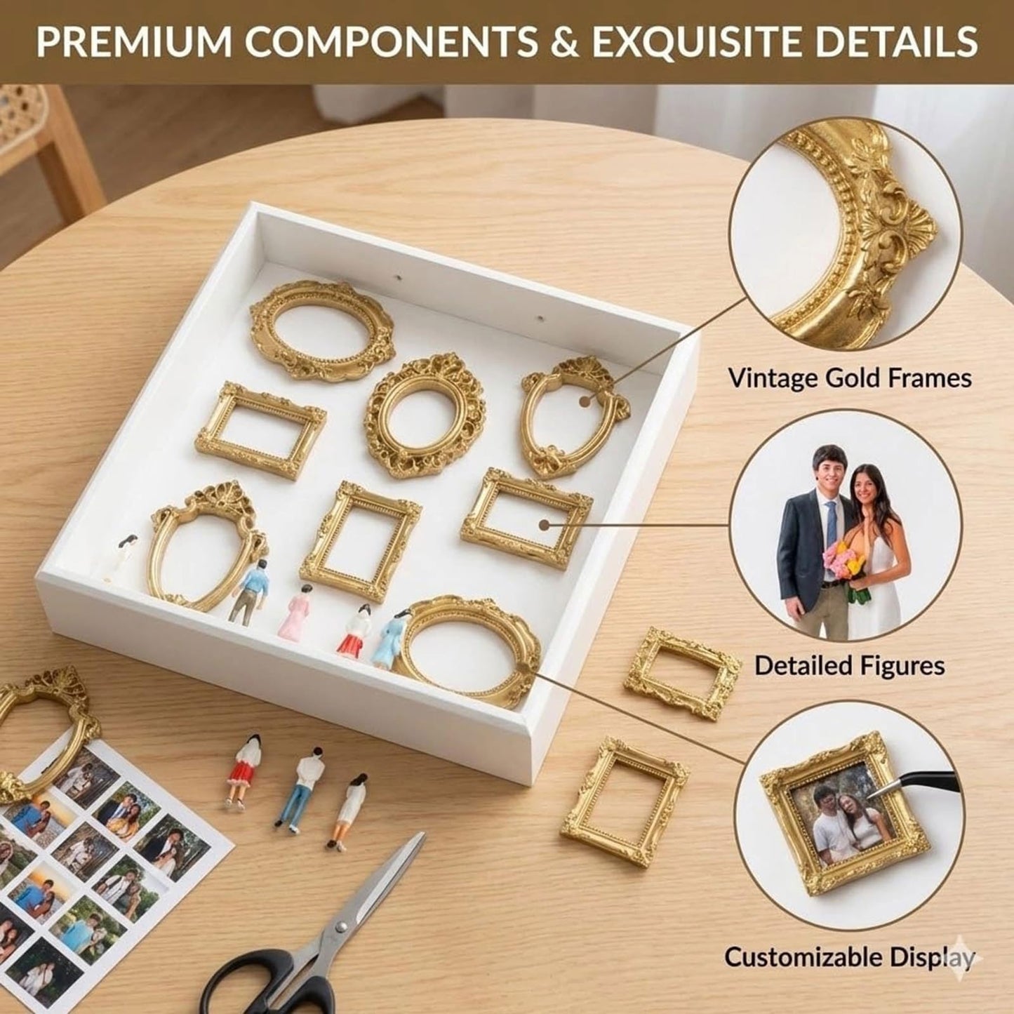 Mini Museum Silhouette Shadow Box Frame, DIY Memory Display Photo Craft Kit with LED String Lights, Mini Gold Frames & Figurines, Keepsake Box for Wedding Anniversary Family Milestone Gift (White)