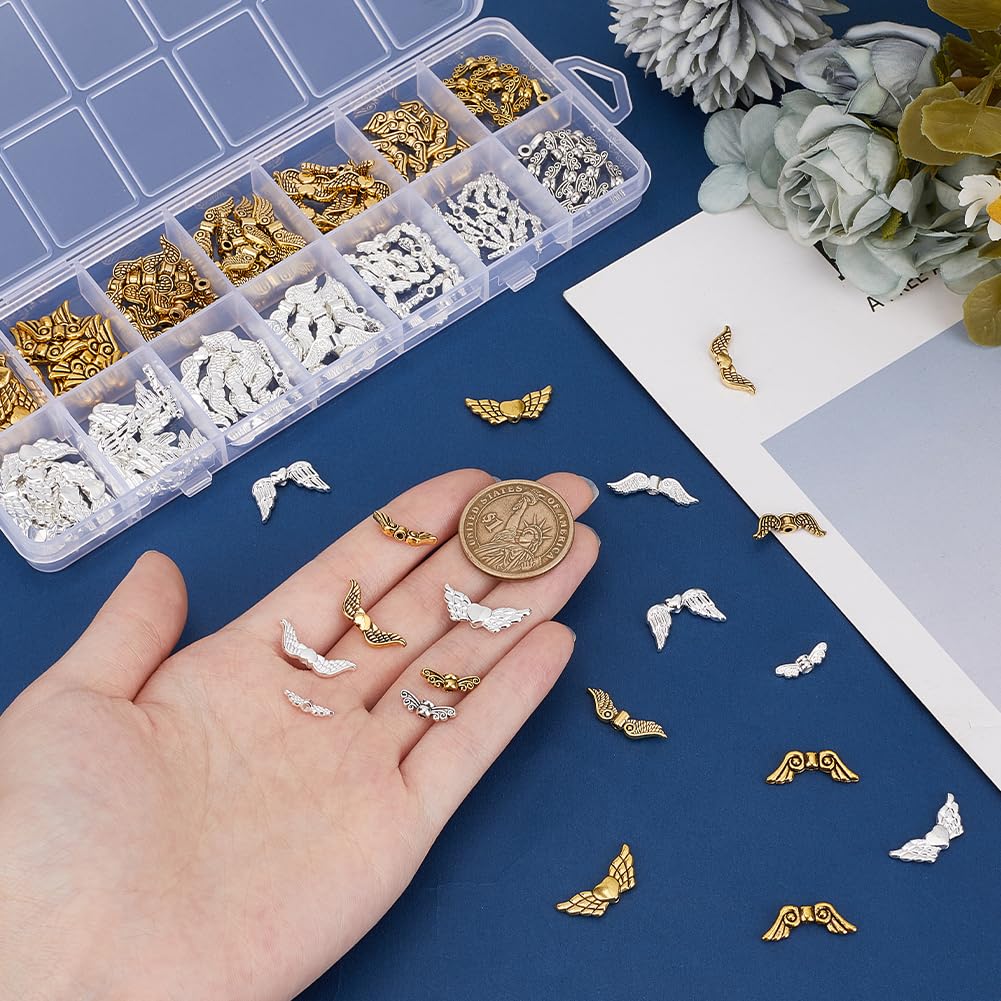 PH PandaHall 173pcs Wing Charms Metal Angel Wings Pendant Alloy Fairy Wing Beads Tibetan Style Metal Vintage Charms for DIY Jewelry Making Supplies Arts Crafts Necklace Bracelet, Silver/Gold