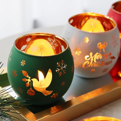Skiennix Christmas Votive Candle Holder Set - 6 Red, Green & White Glass Tealight Holders with Laser Engraved Patterns for Festive Table Decor