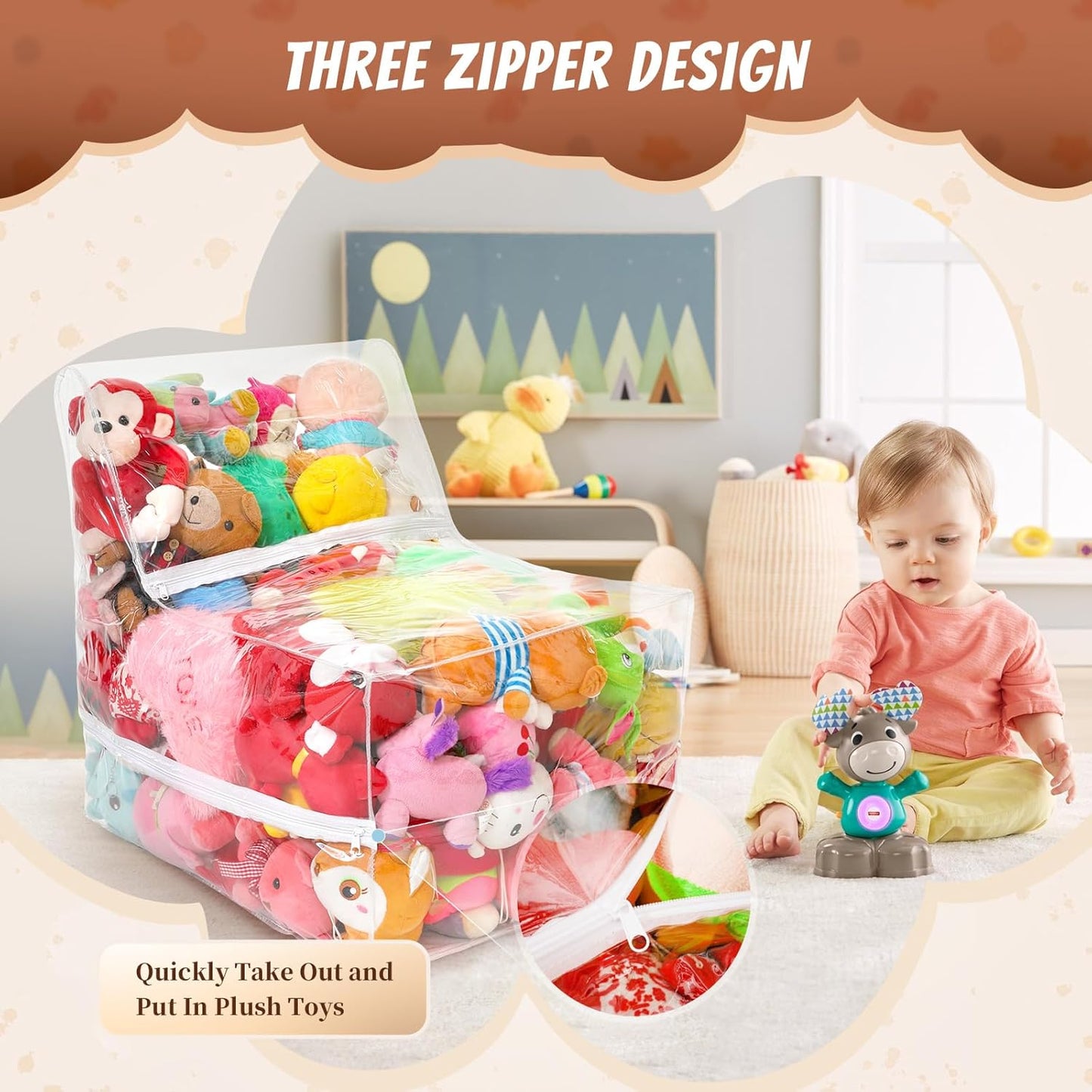 18-inch 3 Clear Bean Bag Chair for Stuffed Animals Storage Hidden Zippers Toy Organizer,Durable PVC Waterproof Material