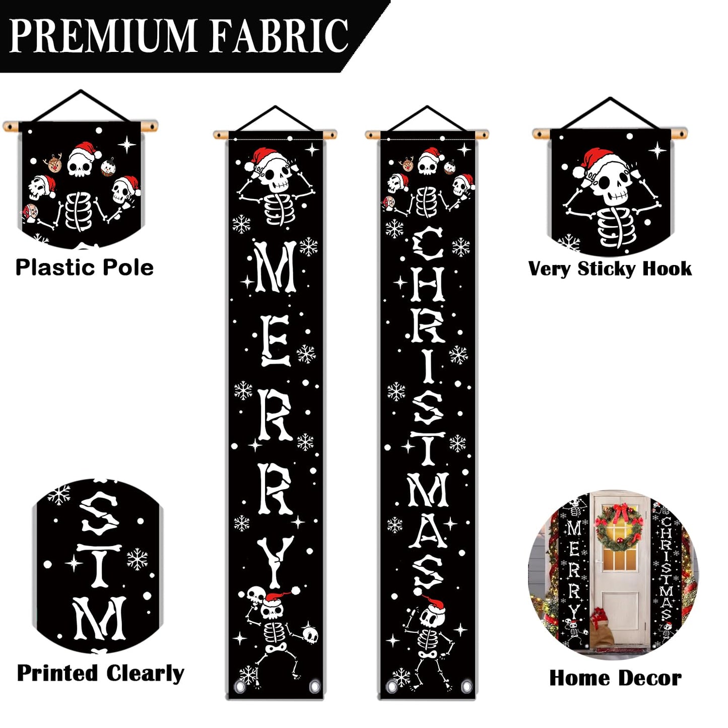 Christmas Door Banner Funny Skeleton Hanging Sign Spooky Vibes Front Door Decor Yard Wall Indoor Outdoor Party Decorations 12x71 Inch