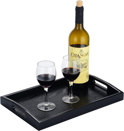 Rectangle Wooden Serving Tray - Breakfast Tray with Handles, Black, 14 by 9-Inch