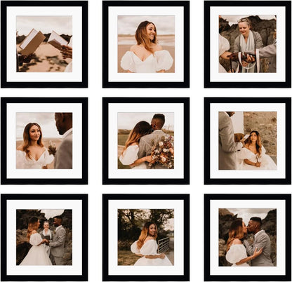 BSRHOME 10x10 Picture Frame Set of 9, Display Pictures 8x8 with Mat or 10x10 without Mat, Multi Collage Gallery Square Photo Frames for Wall or Tabletop,Black