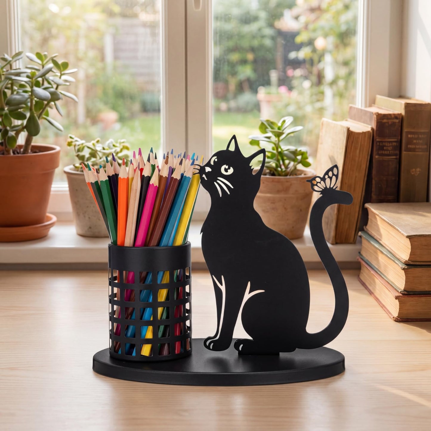 Tandefio Cat Pen Holder for Desk Cute Black Pencil Holder Metal Desk Accessories Organizer Makeup Brush Pen Cups for Back to School Stationery Office Home Decor Table Centerpiece Lover Gifts Women