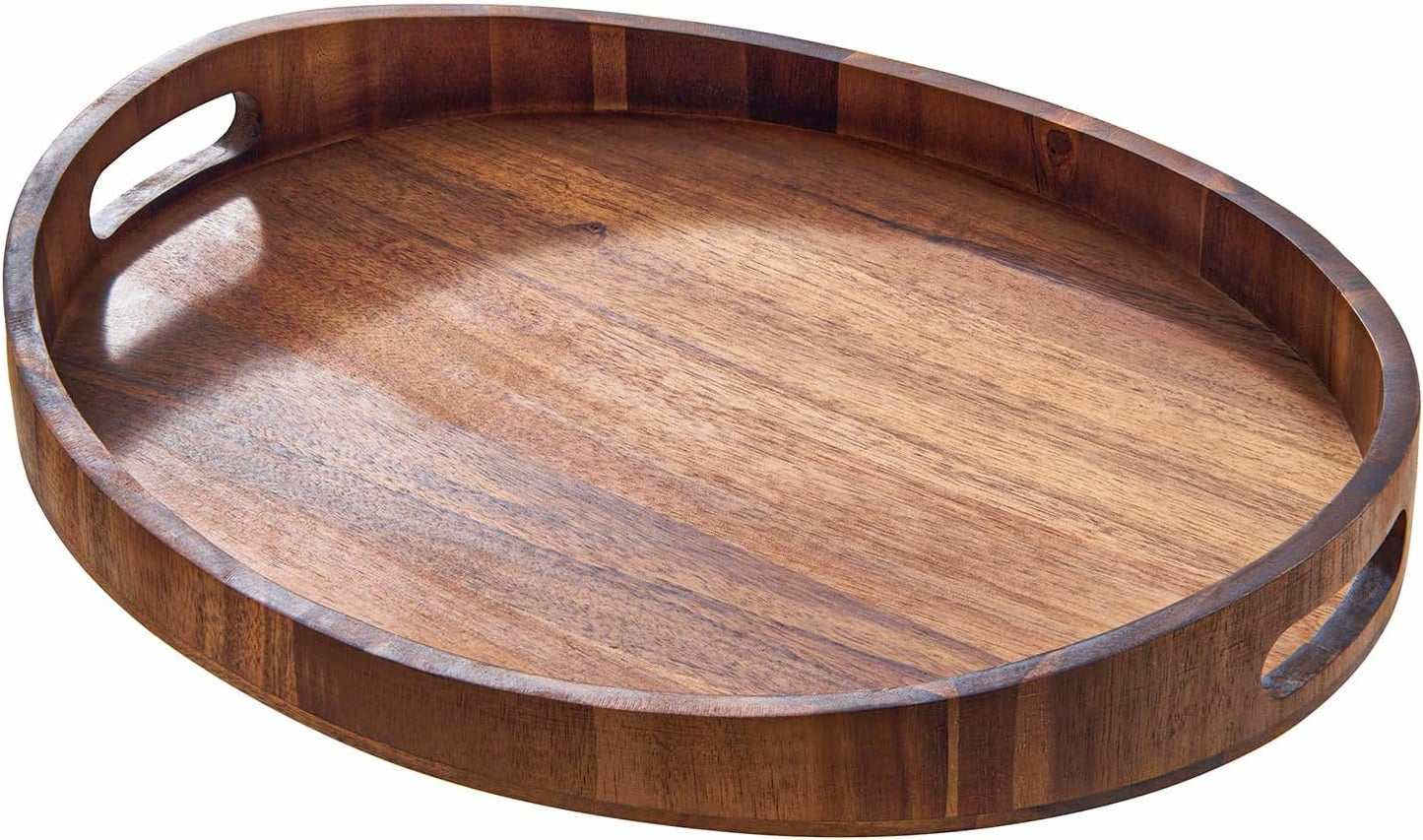 SARUFO Counter, Acacia Wood Round Ottoman Tray Decorative Serving Tray with Handles for Coffee Table, Breakfast in Bed