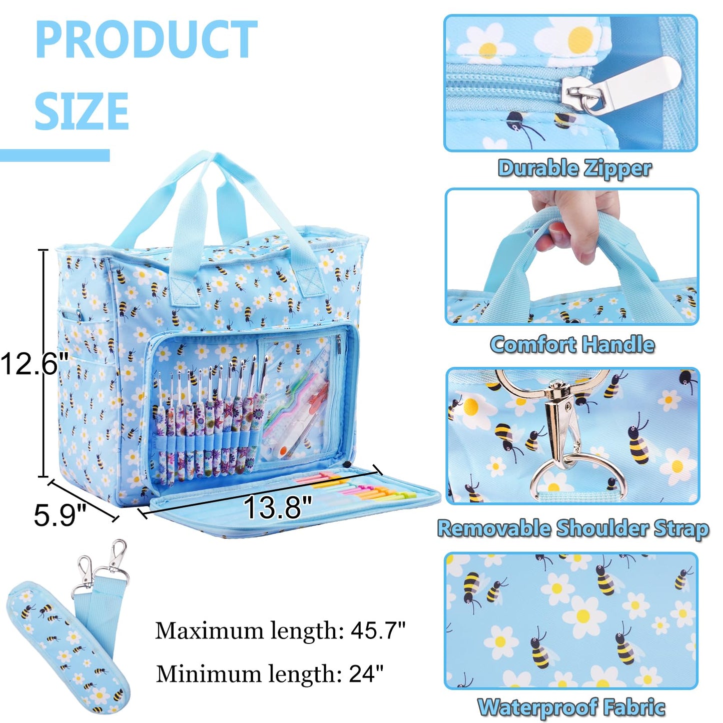 Mdoker Knitting Bags and Totes Organizers Large Crochet Bag Lightweight Yarn Bags for Travel Yarn Storage Organizers for Crochet Hooks,Yarn,Knitting & Crochet Supplies(Blue Bee)