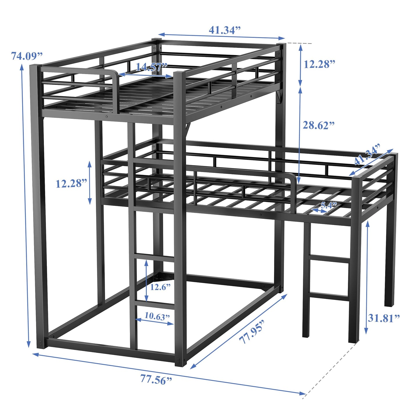 PVWIIK Heavy Duty L-Shaped Triple Bunk Bed for Kids Bedroom,Twin Over Twin Over Twin Metal Bunkbeds with Ladder & Safety Guardrail,Easy Assembly Metal Bed Frame, Black
