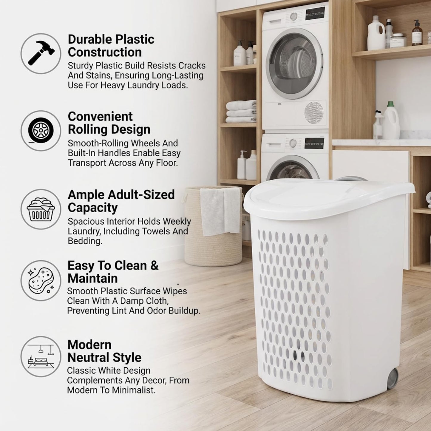 Generic White Wheeled Plastic Laundry Hamper Adult-Sized Rolling Basket With Handles For Home & Dorms