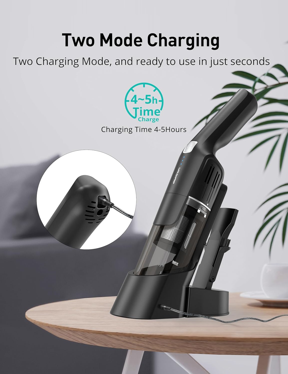 Aspiron Cordless Handheld Vacuum - 24KPA Powerful Suction, 2-Speed, Wireless Charger, Ergonomic Design, Black/Silver