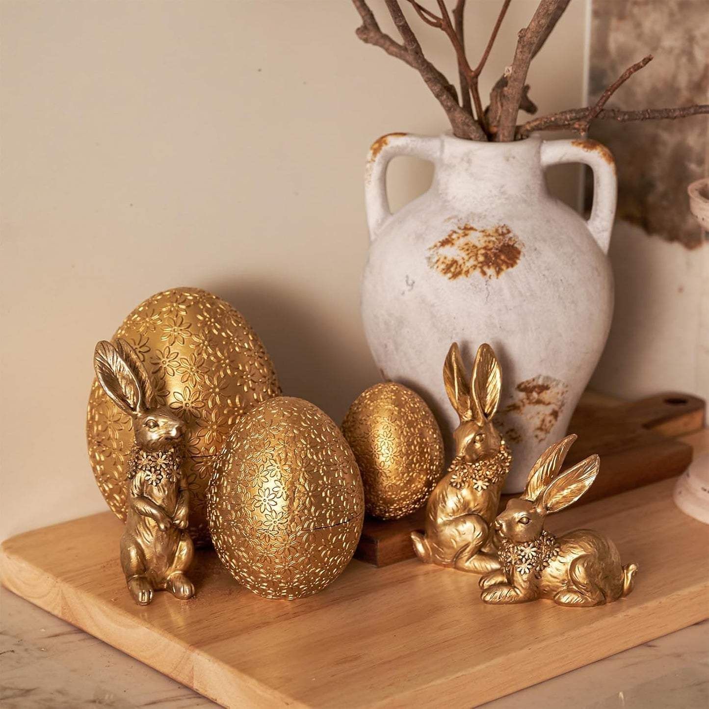 6PCS 3 3 DN DECONATION Easter Decorations with Rabbits and Nesting Easter Eggs, Small Gold Easter Bunny Figurines