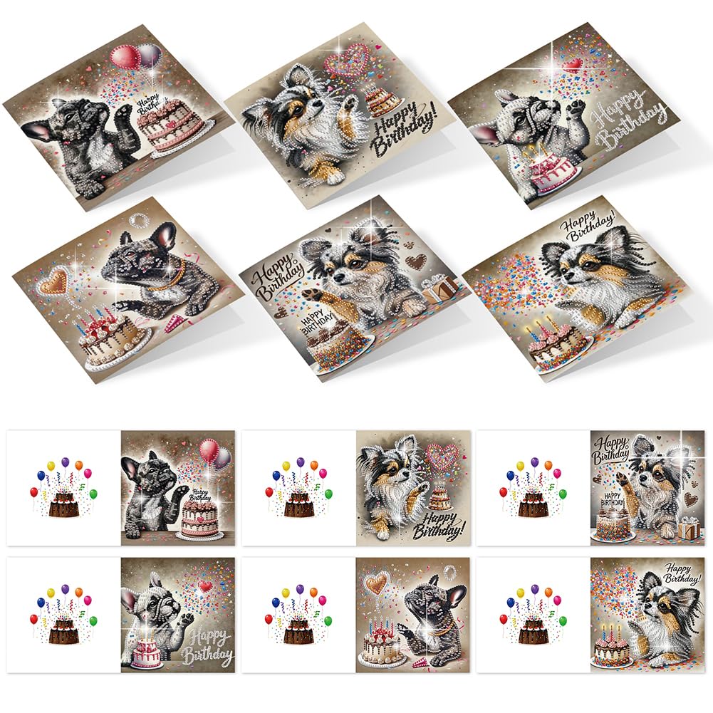 POETRYDRAW 6 Pack 5D DIY Diamond Art Painting Dog Card Kit, Diamond Art Birthday Holiday Greeting Card, Crafts Kit Creative with Envelope