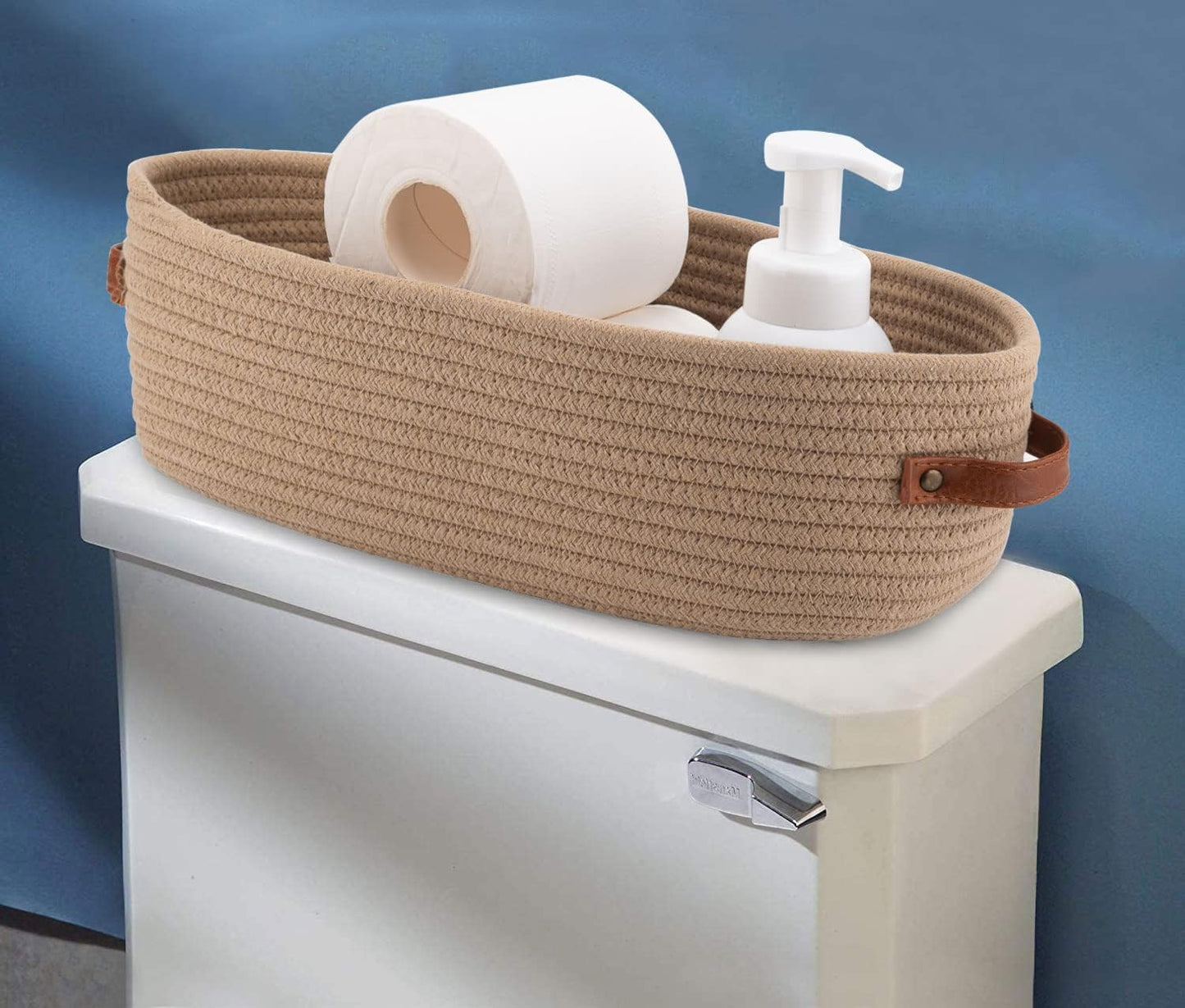 Boho Decor Storage Basket, Woven Decorative Basket for Organizing Countertop and Toilet Paper with Handle