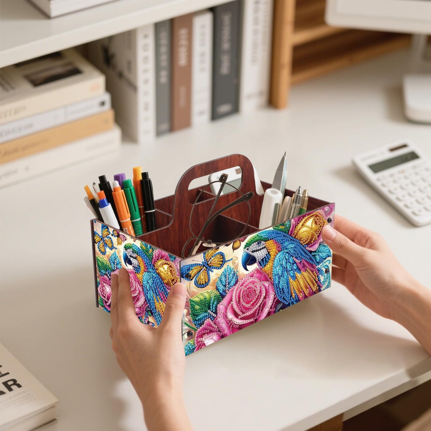 DIY Diamond Painting Storage Box Parrot and Rose Design, Diamond Art Wooden Organizer with Handle and 5 Compartments, Portable Desktop Craft Storage Basket for Art Supplies