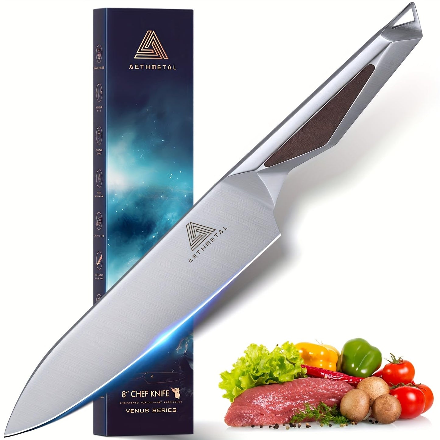 AETHMETAL 8 Inch Chef Knife, Full-Metal Kitchen Knife with Ergonomic Handle, High-Carbon Stainless Steel Chef’s Knife for Home & Pro Cooking, Precision Cutting, Gift-Ready Packaging