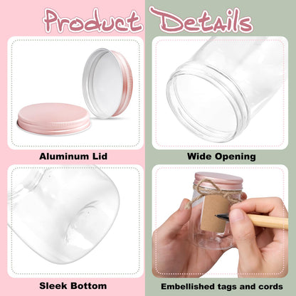 SENONAPO 84 Pack 5 oz Plastic Jars with Labels and Craft Twine, Aluminum Lid Yogurt Containers with Lids Bulk, DIY Small Gift Jars for Wedding, Birthday, Halloween, and Christmas Party Favors