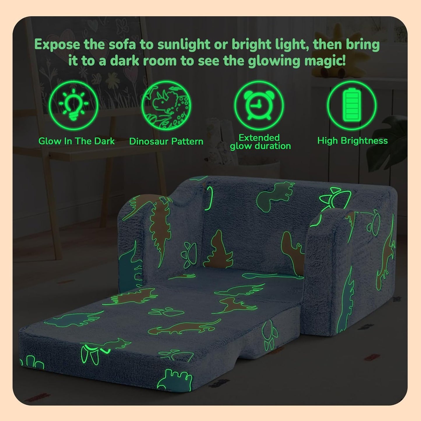 1-3, 2-in-1 MeMoreCool Glowing Dinosaur Kids Chair, Glow-in-the-Dark Kids Couch for Boys Ages Convertible Fold-Out Sofa