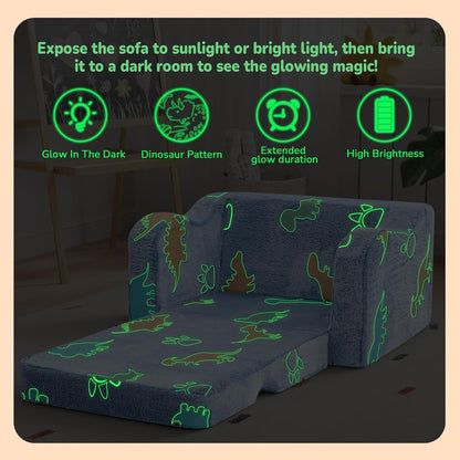 1-3, 2-in-1 MeMoreCool Glowing Dinosaur Kids Chair, Glow-in-the-Dark Kids Couch for Boys Ages Convertible Fold-Out Sofa