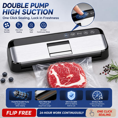 85KPa Vacuum Sealer Machine, One-Touch Automatic Food Sealer with 15 Bags, Dry/Moist/Seal/Manual/External Vac, 7MM Heating wire, Compact Easy-Clean for Food Storage and Sous Vide