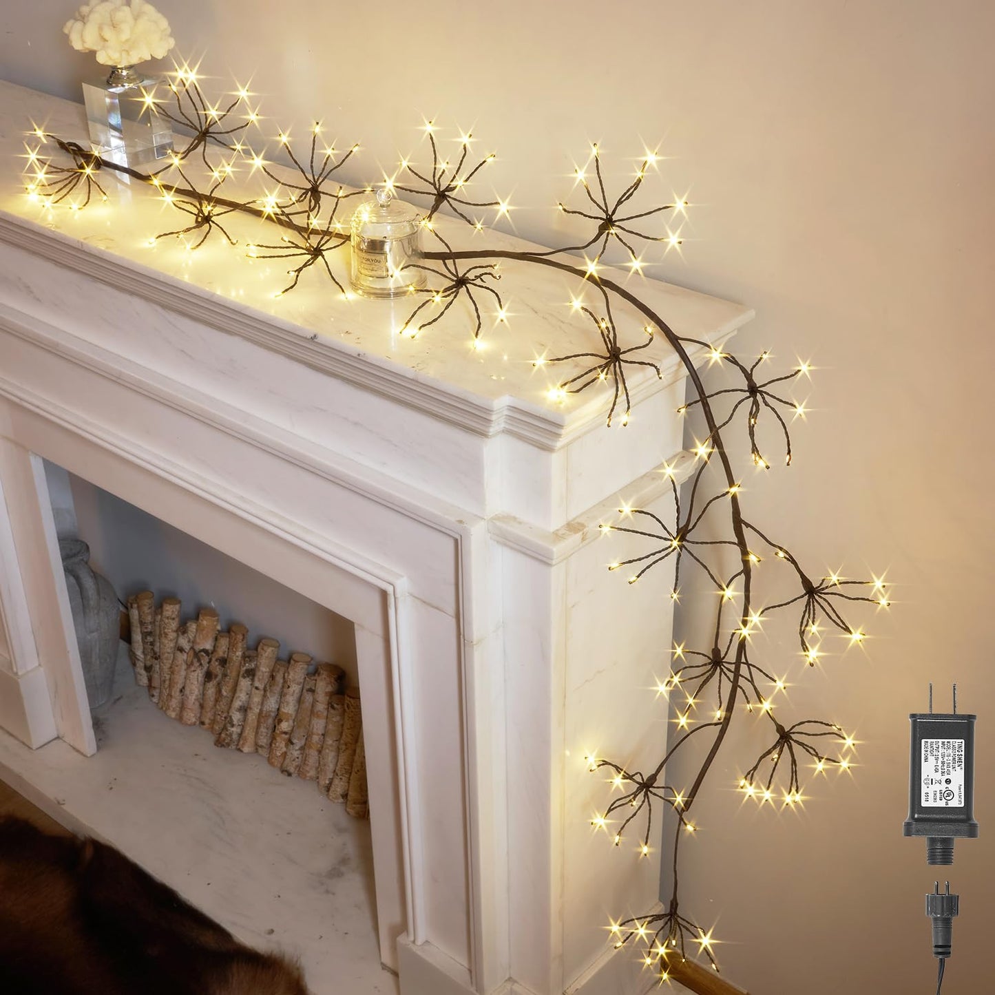 Hairui Lighted Brown Starburst Garland with Timer and Dimmer 6FT 160 LED Fairy Lights Plug in, Twig Vine with Lights for Christmas Fireplace Mantle Table Decoration Indoor Outdoor