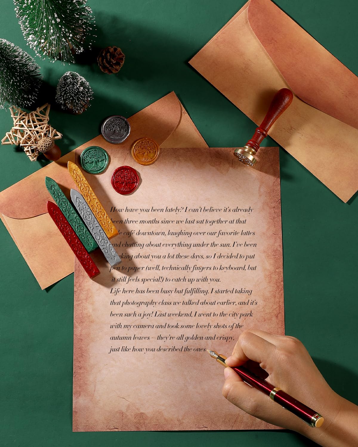 Comealltime 42Pcs Vintage Paper and Envelopes Set, 15 Stationary Letter and Envelopes, 8 Wax Seal Sticks, Wax Spoon, Life Tree Stamp and 2 Tea Candles for Xmas Wedding Party Invitation Love Letter