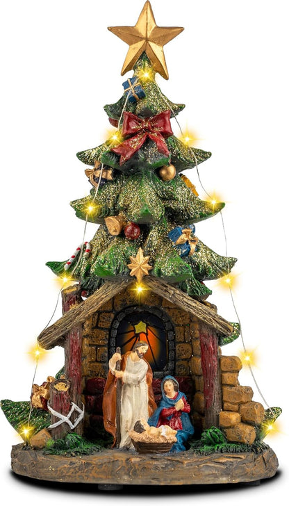 12'' VISFLAIR Christmas Tree Lighted Manger Nativity Scene, Musical Holy Family Collectible Buildings Figurines LED