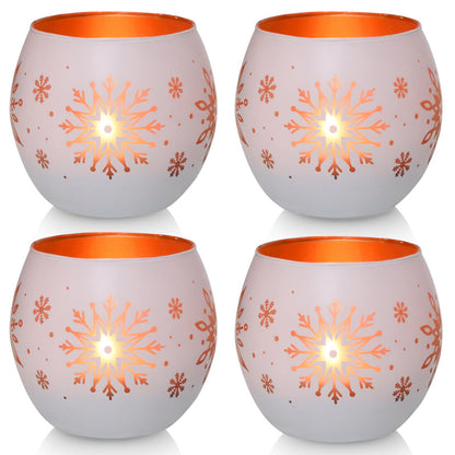 Snowflake Christmas Candle Holders Set of 4, Gold & White Glass Tealight Votive Holders for Winter Decor, Xmas Table Centerpieces, Indoor Christmas Decorations, Ideal