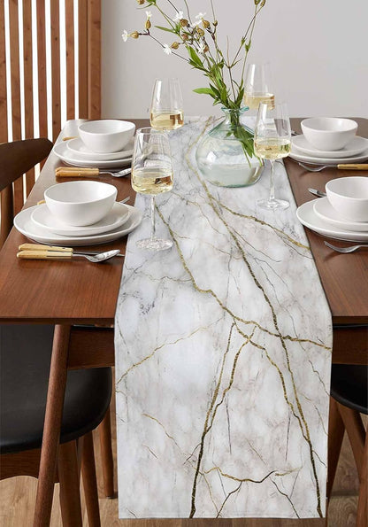 PIEPLE 36 inches Marble Table Runner-Cotton Linen-Small White Gray Gold Dresser Scarves,Texture Tablerunner for Kitchen