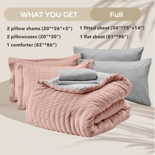 HYMOKEGE Full Size Comforter Set - Luxury 7-Piece Seersucker Bedding in Rose Gold & Light Grey