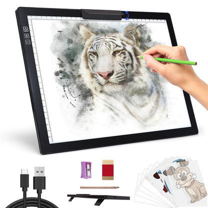 Rechargeable A4 Light Pad - Stepless Dimmable 6 Levels Brightness Tracing Light Box, Diamond Painting Light Board with Top Clip, Battery Powered Portable Light Pad for Weeding Vinyl Tracing