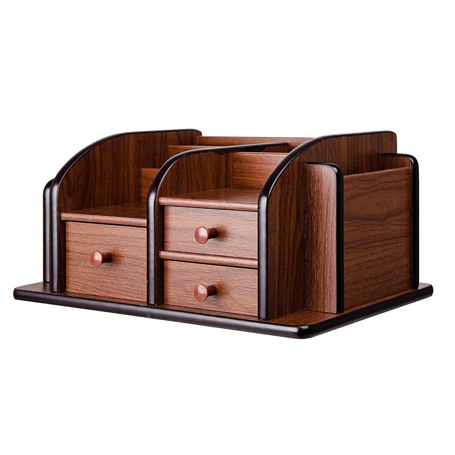 Liry Products Brown Wooden Desk Organizer Multiple Compartments 3 Drawers Slots 2 Shelves Racks Holder Office Supplies Caddy Tabletop Storage Desktop Stationery Accessory Sorter Home Kitchen