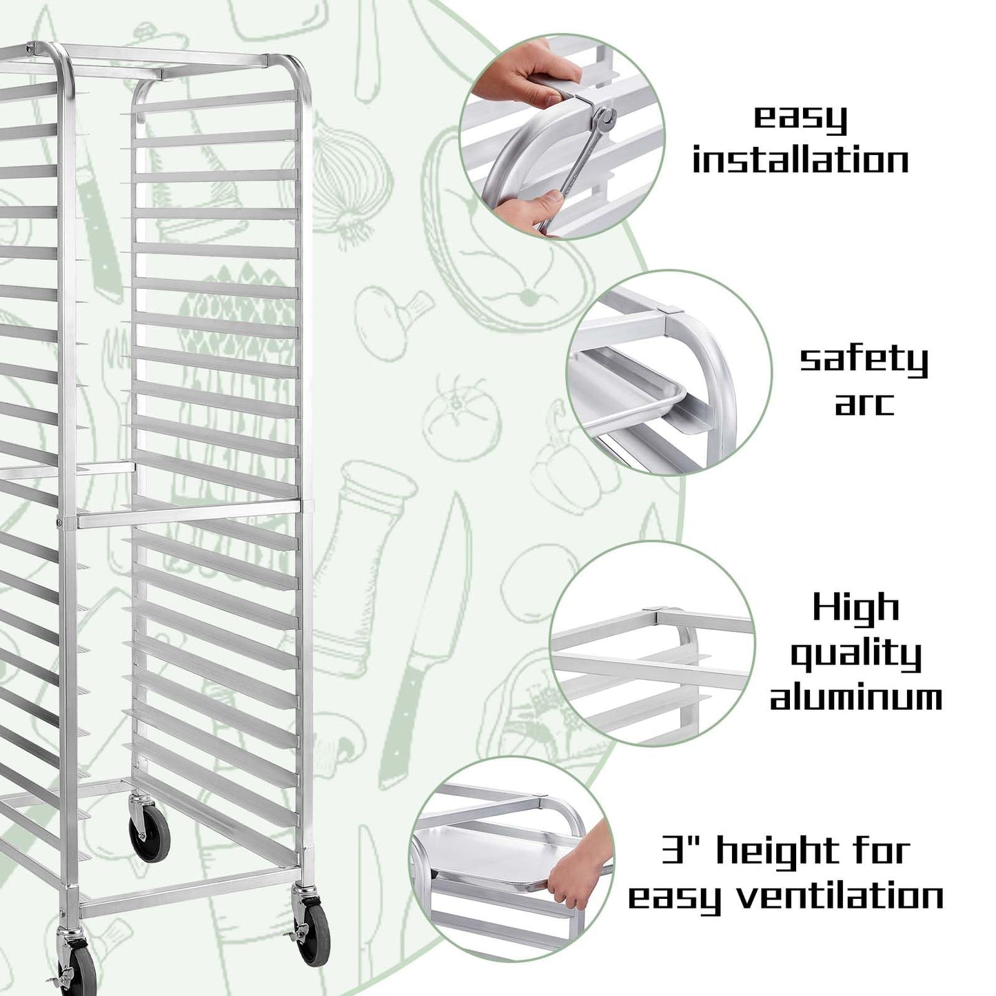 HALLY SINKS & TABLES H Bun Pan Rack 20 Tier with Wheels, Commercial Bakery Racking of Aluminum for Full & Half Sheet - Kitchen, Restaurant, Cafeteria, Pizzeria, Hotel and Home, 26" L x 20" W x 69" H