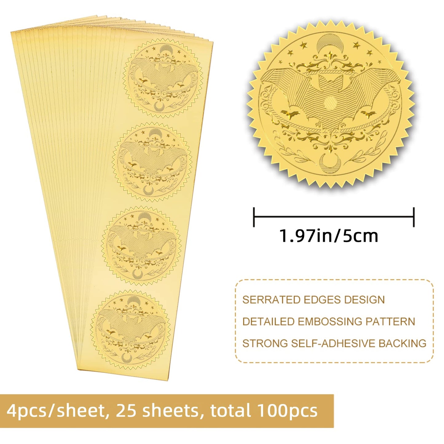 CRASPIRE 2" Gold Foil Sticker Halloween 100pcs Certificate Seals Gold Embossed Bat Moon Round Embossed Foil Seal Stickers for Envelopes Invitation Card Diplomas Awards Graduation