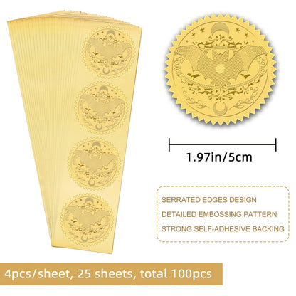 CRASPIRE 2" Gold Foil Sticker Halloween 100pcs Certificate Seals Gold Embossed Bat Moon Round Embossed Foil Seal Stickers for Envelopes Invitation Card Diplomas Awards Graduation