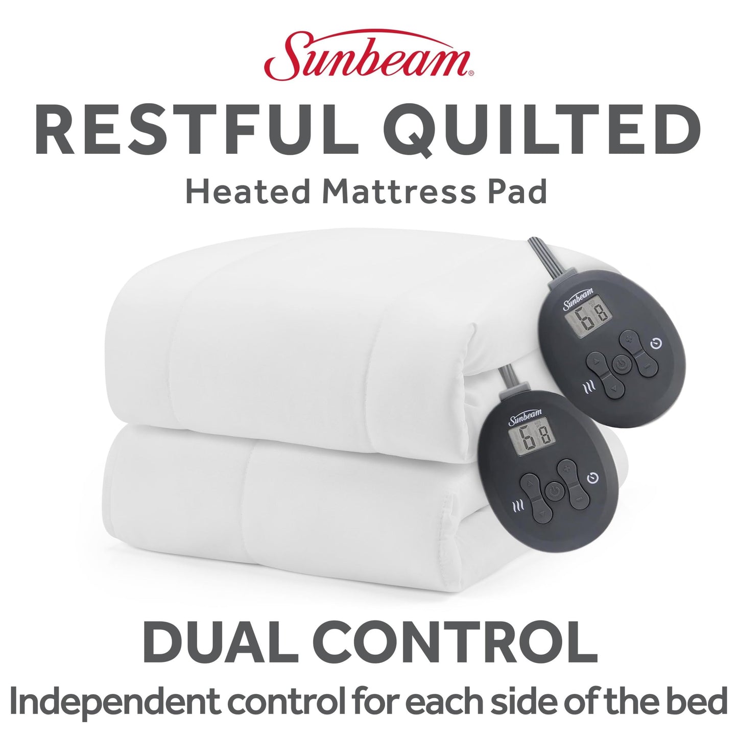 Sunbeam Electric Heated Mattress Pad Queen 80" x 60" 12 Heat Settings 12-Hour Auto Shut-Off Fast Heating Soft Cozy Fabric Deep Pocket Skirt Machine Washable